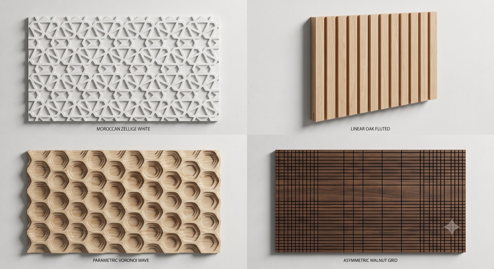 Sample board of custom wall-panel styles — Moroccan zellige, linear oak fluting, parametric wave, and asymmetric walnut grid